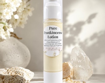 May include: A cylindrical pump bottle of Pure Frankincense Lotion with a clear cap and white base. The label reads Pure Frankincense Lotion, 100% Pure Frankincense Resin, Infused Blackseed Oil, Emulsifying wax, Shea Butter, Leucodefend, Pure Nourish Skincare.