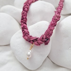 Pink Sari Necklace, Pink Silk Necklace, Pink Braided Silk Necklace, Raw Silk Necklace, Pink Dyed Silk Necklace, Silk Fabric Necklace