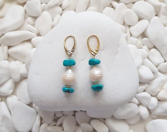 Turquoise and Pearl Earrings, Turquoise Pearl Drop Earrings, Turquoise Pearl Dangle Earrings, Pearl Drop Earrings, Turquoise Drop Earrings