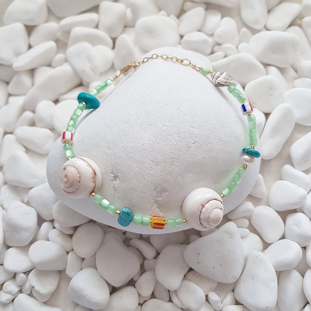 Green Bikini Anklet, Shell Anklet, Green Shell Anklet, Mixed Stone ...