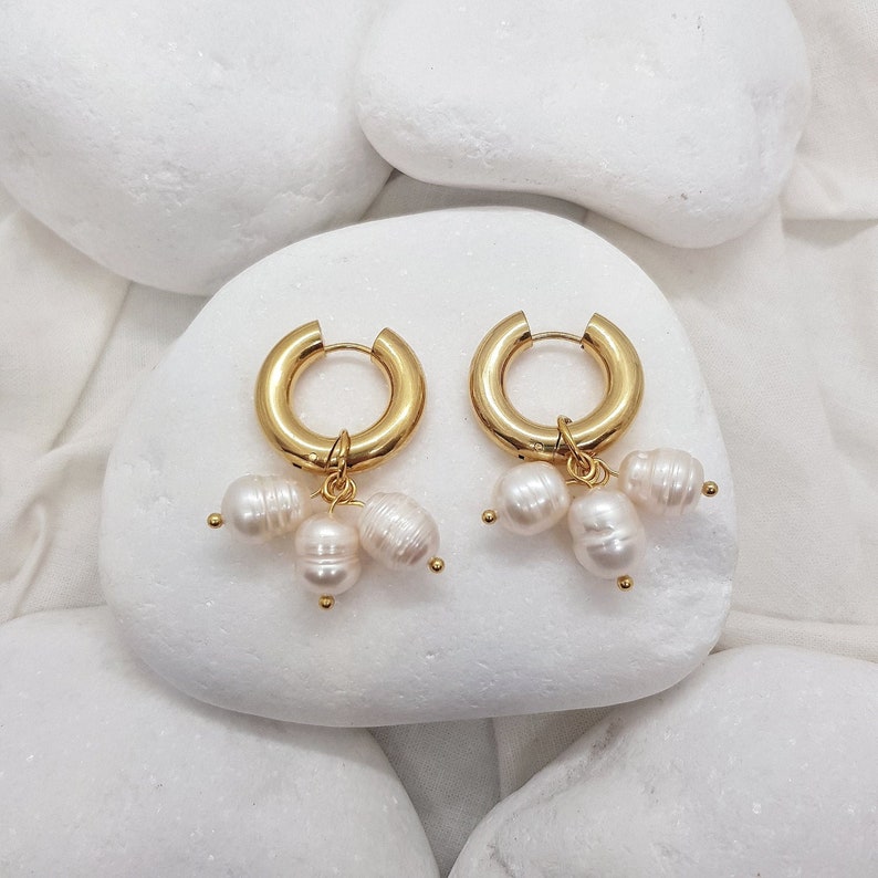 Pearl Cluster Earrings, Pearl Drop Earrings, Pearl Dangle Earrings, Pearl Hoop Earrings, Pearl Gold Earrings, Pearl Gold Hoop Earrings image 1