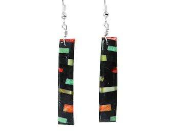 Jet Turquoise Spiny Oyster Inlay Dangle Earrings