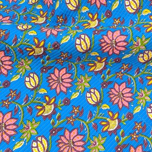 By The Yard Indian Handmade Floral Print Cotton Quilted Fabric, 100% Cotton Dressmaking Fabric, Beautiful Block Print Quilted Running Fabric