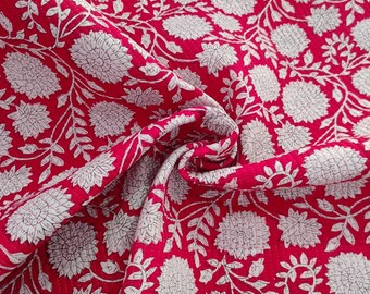 By The Yard Beautiful Floral Print Quilted Fabric Indian Cotton Dressmaking Running Fabric Red Color Handmade Block Print Garment Materials