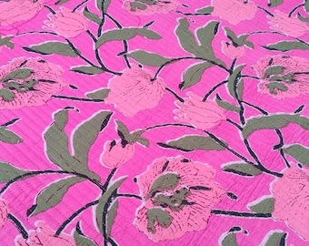 Beautiful Floral Print Quilted Fabric Indian Cotton Dressmaking Fabric, Pink Color Indian Handmade Block Print Quilted Running Fabric