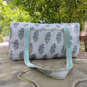 Indian Cotton Block Print Quilted Duffle Bags Large Size Beautiful Floral Print Weekender Bags Handmade Shoulder Travel Overnight Bags