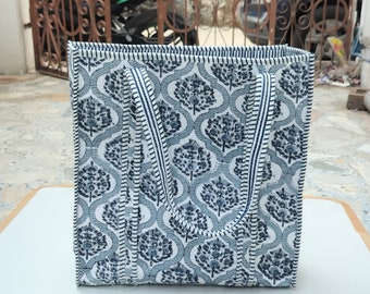 Large Cotton Quilted Tote Bag, Block Printed Travel Bag