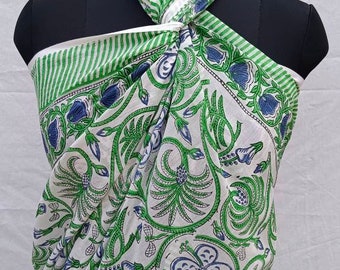 Pareo con estampado de bloques hecho a mano, bufanda de playa, envoltura de cadera, pareo color verde #sarong