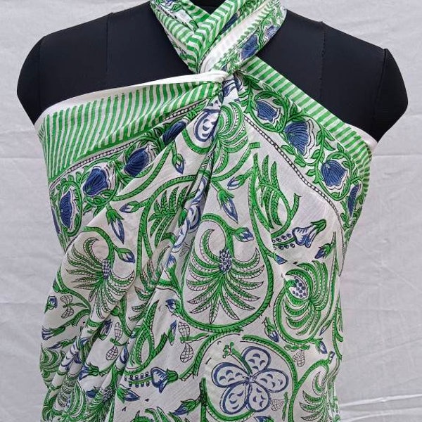 Handgemachter Handblockdruck-Sarong, Strandschal, Hüfttuch, Pareo, Grüner #Sarong