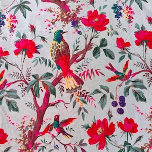 Handmade Bird Print Velvet Fabric, Beautiful Printed Curtain Quilting Fabric, By The Yard Indian Cotton Floral Print Upholstery Fabric