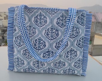 Beautiful Block Print Quilted Tote bag. Cotton Quilted Bag, Floral Print Handbag, Hand Printed Weekender Bag. Handmade Shopping Grocery Bags