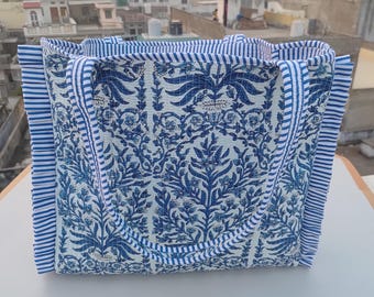 Indian Cotton Quilted Bag Floral Print Handbag Printed Weekender Bag Handmade Shopping Grocery Bags Beautiful Block Print Quilted Tote bag.