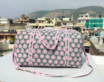 Large Decorative Cotton Quilted Duffle Bag Indian Block Print Quilted Shoulder Bag Beautiful Printed Weekender Bag Handmade Travel Bag
