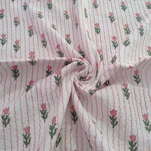 By The Yard Indian Block Print Quilted Fabric Beautiful Cotton Dressmaking Running Fabric, Handmade Floral Print Quilted Garment Materials