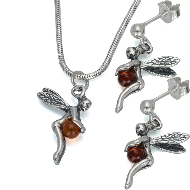 Silver Amber Fairy Earrings pendant necklace