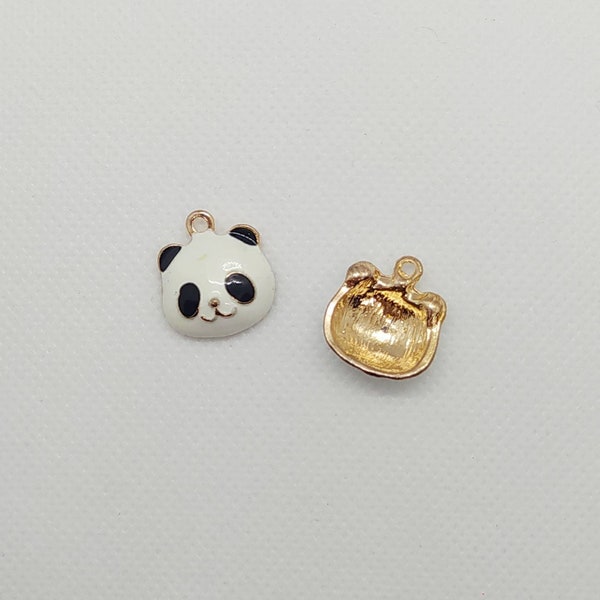 Breloque pendentif tête de panda émail noir et blanc et métal doré