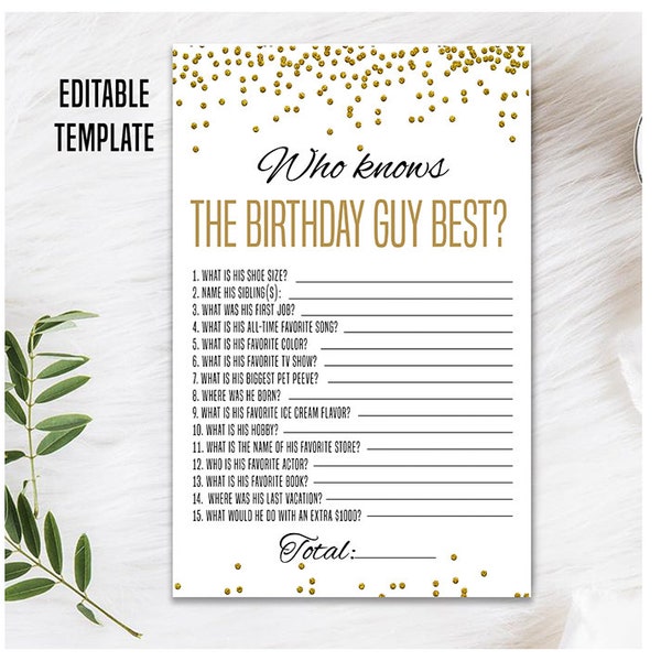 Editable How well do you know the birthday guy, Who knows the birthday guy best template, Birthday Quiz, Boy Bday party game, Activity, Gold