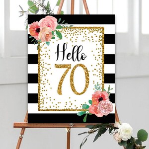 Hello 70 Sign, 8x10, 16x20, Gold 70th Birthday Sign, 70th Anniversary Sign, Gold Floral Birthday Party Decoration, 70th birthday decoration