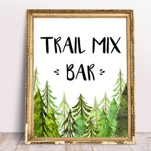 Signo de bar Trail Mix - Signo de baby shower - Signo de boda - Decoración rústica del bosque - Signo de mesa Trail Mix - Decoración de invierno - Decoración de montaña - Árboles