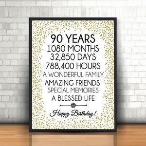 Happy 90th Birthday, 8x10, 16x20, 24x36, Cheers to 90 Years, 90th Birthday Sign, Gold confetti Birthday Party Decor, 90th Birthday décor