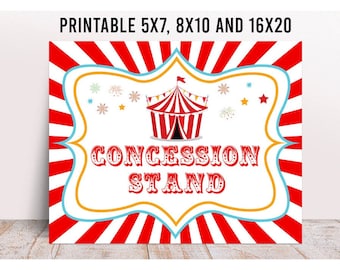 Carnival Party Concession Stand Sign, Printable, Circus Birthday Concessions Sign, Circus Food, Snacks, Treats, Candy, Gift, Circus Favors