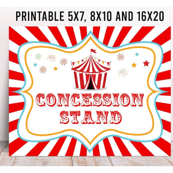 Carnival Party Concession Stand Sign, Printable, Circus Birthday Concessions Sign, Circus Food, Snacks, Treats, Candy, Gift, Circus Favors