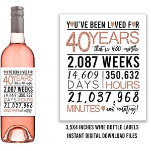 Rose Gold 40th Birthday Wine Bottle Labels, PRINTABLE Wine Bottle Labels, Cheers to 40 Years, Happy 40th birthday, Printable 40th Birthday