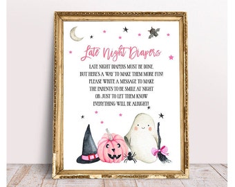Pañales nocturnos rosas de Halloween, pañales nocturnos imprimibles, baby shower de Halloween, pañales nocturnos de otoño, pañales nocturnos de otoño