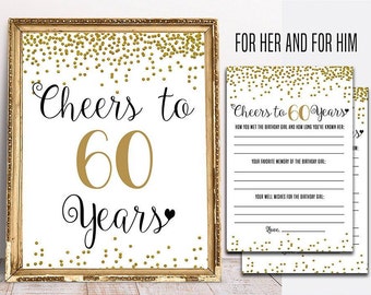 May include: A printable sign with gold glitter confetti and the text "Cheers to 60 Years" in black and gold lettering. The sign is framed in gold. There is a smaller printable card with the text "Cheers to 60 Years" and a list of questions for guests to fill out.