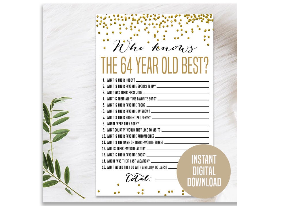 Gold 64th Birthday Game, Printable, 64th Birthday Party Activity, 64th ...