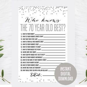 Silver 70th Birthday Game, Printable, 70th Birthday Party Activity, Gift, Party Game, 70th Birthday Trivia, Who Knows the 70 Year Old Best