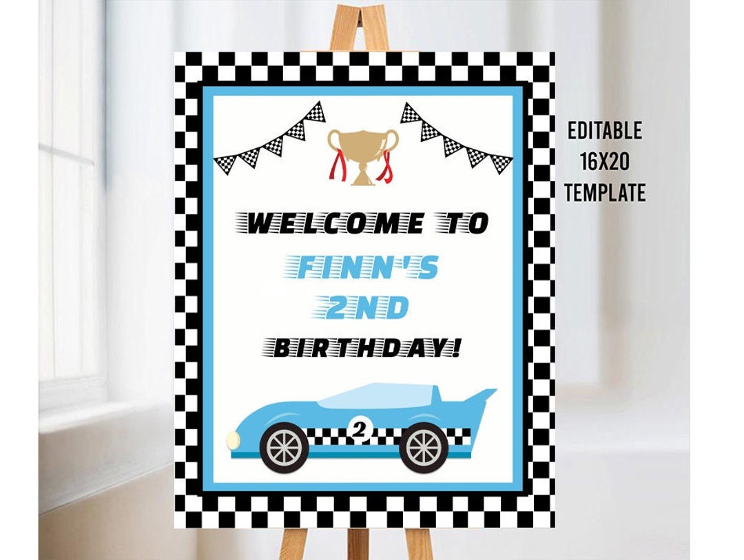 Editable Blue Race Car Welcome Sign, Racing Party, Boy Birthday Party ...