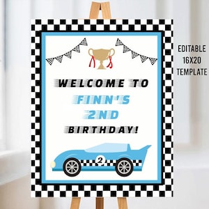 Editable Blue Race Car Welcome Sign, Racing Party, Boy Birthday Party, Car Party, Racing Birthday Party, Door Sign, Corjl, Printable Welcome