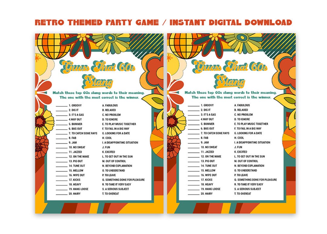 Guess That 60 s Slang Game Retro Birthday Activity 60s Slang Trivia 