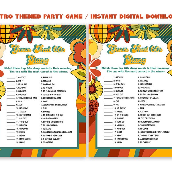 Guess That 60's Slang Game, Retro Birthday Activity, 60s Slang Trivia Quiz, Printable Birthday Game, 1960's Era Retro Party, Floral 60s File