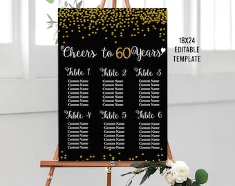 EDITABLE 60th Birthday Seating Chart, Printable Gold Seating Chart, Gold Party Sign, 60th Birthday Decoration, 60th Birthday Template 12x18