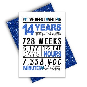 Tarjeta de cumpleaños número 14 azul, tarjeta de cumpleaños imprimible, imprimibles de cumpleaños número 14, imprimibles de tarjetas de felicitación, aniversario azul, cumpleaños del corazón 14