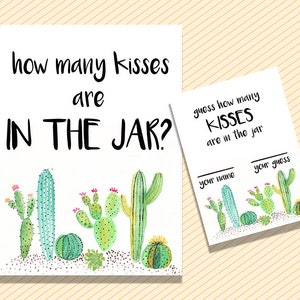 Quanti baci ci sono nel segno e nel biglietto del barattolo, gioco Quanti baci, gioco Fiesta Shower, download del gioco Cactus Bridal Shower, addio al nubilato