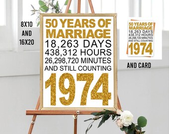 Signo y tarjeta del 50 aniversario de bodas, Saludos a los 50 años, Boda de oro, Decoración de fiesta de aniversario de oro, Decoración de aniversario, 1974