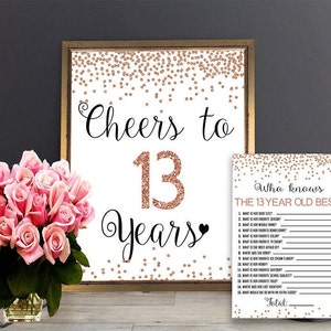 13. Geburtstags-Party-Paket, 13. Geburtstags-Zeichen und Spielkarte, 13. Geburtstags-Aktivitätsblatt, Prost auf 13 Jahre, Roségold-Geburtstagspaket
