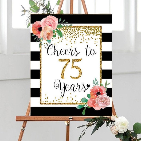 Cheers to 75 Years, 8x10, 16x20, 75th Birthday Sign, 75th Anniversary Sign, Gold confetti Birthday Party Decoration, 75th birthday decor