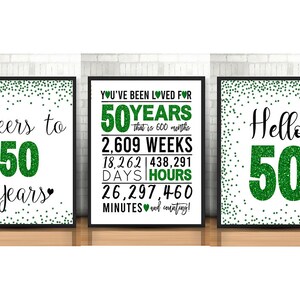 50th Birthday Decoration, Printable, Green 50th Birthday Signs Bundle, Cheers to 50 Years, Hello 50, Gold 50th Birthday Signs, anniversary
