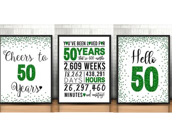 50th Birthday Decoration, Printable, Green 50th Birthday Signs Bundle, Cheers to 50 Years, Hello 50, Gold 50th Birthday Signs, anniversary