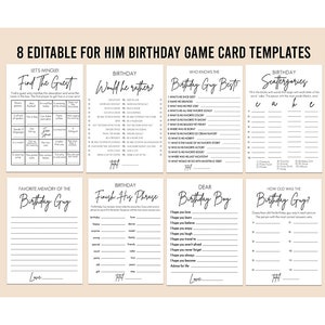 Modern Birthday Guy Games Bundle, 8 jeux modifiables, questions de nom personnalisées, jeux imprimables Guy, calligraphie moderne, minimaliste, rustique