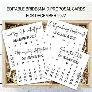 Editable Bridesmaid Calendar proposal, Template, Printable, Bridesmaid Save The Date, proposal calendar, December 2022 Bridesmaid Proposal