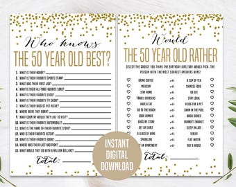 Gold 50th Birthday Game Bundle, Printable, 50th Birthday Party Activity, 50th Would They Rather, Birthday Trivia, 50th Milestone Birthday