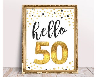 Hello 50, 50th Birthday, 50th Birthday Party, 50th anniversary,  Black and Gold Party Decor, Confetti Birthday Decor, Milestone Birthday