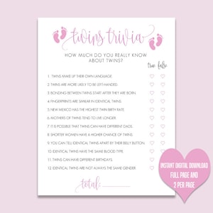 Pink Twins Trivia, Printable, True or False Baby Shower Game, Fun Girl Twin Trivia Baby Shower Quiz, Modern Minimalist Baby Feet Baby Gift
