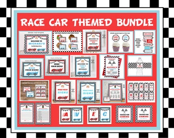 Peut inclure: Un lot de fête imprimable sur le thème des voitures de course. Le lot comprend des pancartes de bienvenue, des tentes alimentaires, des décorations de cupcakes, des étiquettes pour bouteilles d'eau et plus encore. Les couleurs sont le rouge, le bleu, le noir et le blanc.