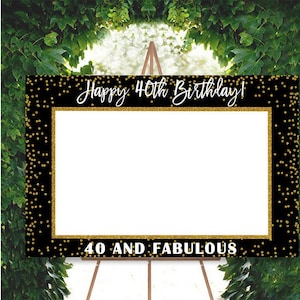 Gold Birthday Photo Prop, 40 and Fabulous, INSTANT DOWNLOAD, 40th Birthday Photo Booth Frame Printable Frame Black Gold, Gold Picture Frame